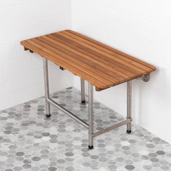 34" Rectangular ADA Compliant Teak Shower Bench Seat with Drop Down Legs