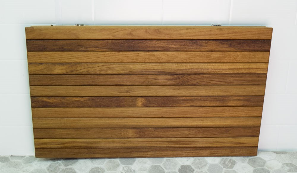 Wall Mounted Teak Folding Shower Bench in folded down position