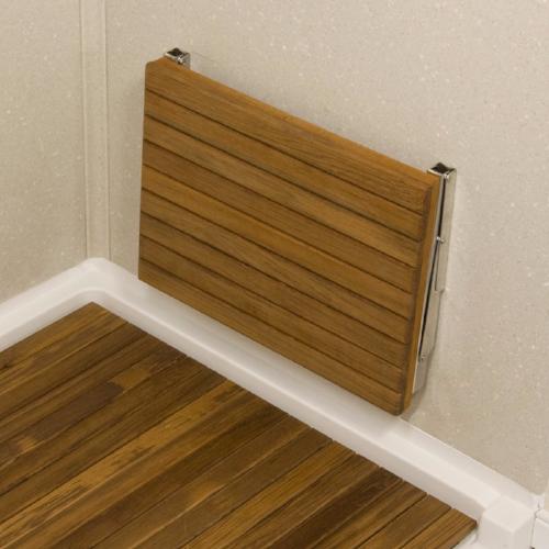 Wall Mounted Teak Shower Bench Seat folds flat against the wall when not in use