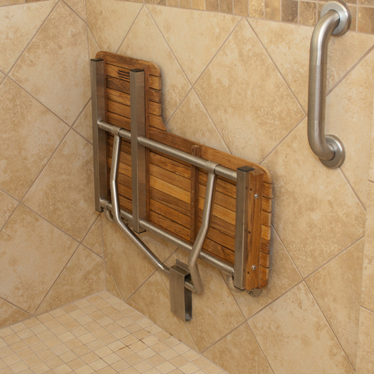 Right Hand Teak ADA Shower Bench Seat Folds Up For Storage