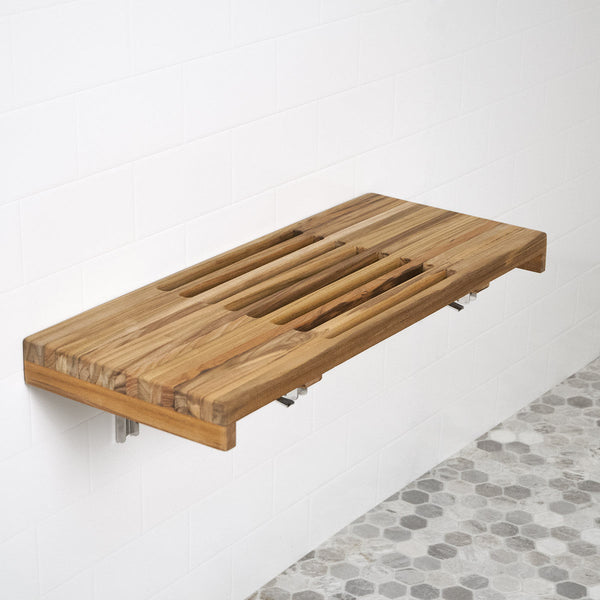 A Beautiful Variation of the Teak Shower Bench Features Slots in the Seat