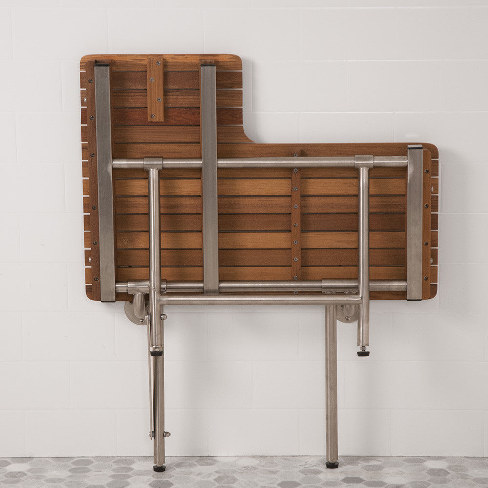 Teak Right Hand ADA Shower Bench Seat with Drop Down Legs Folds Up For Storage