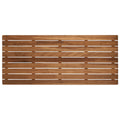 A rectangular teak wood bath or shower mat with visible wood grain and spacing between the slats.