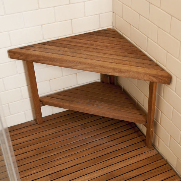 Wood corner outlet shower bench