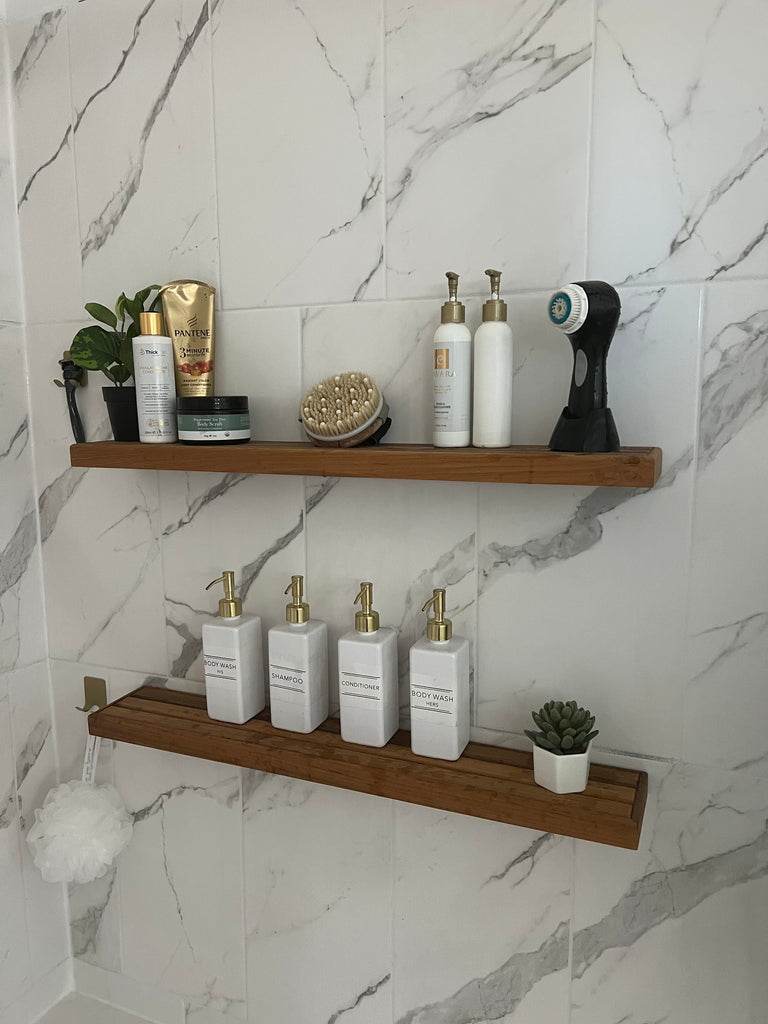 Floating Rectangular Shower Shelf with Rail and Natural Teak Wood Insert -  Seachrome