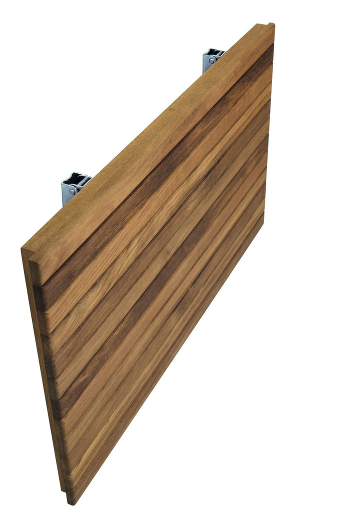 Wall Mounted Teak Folding Shower Bench in Folded Down position side angle