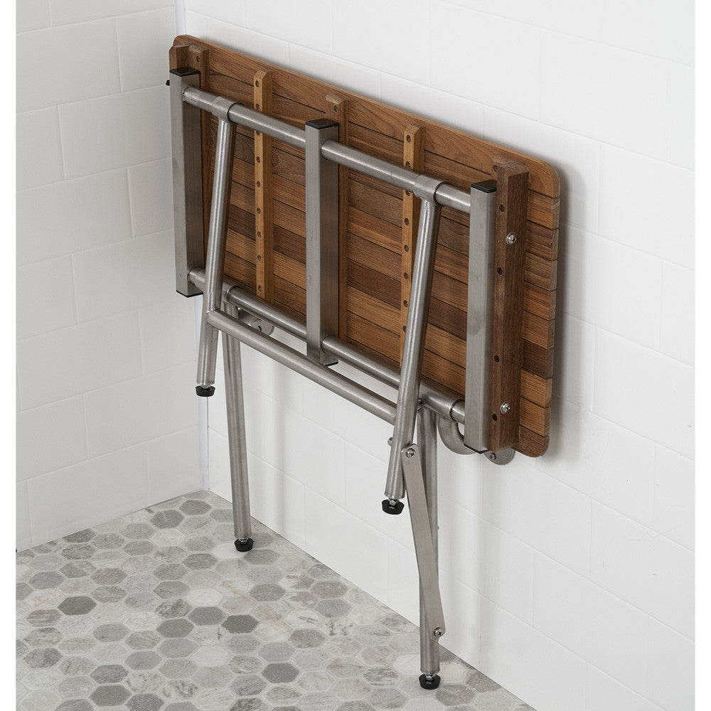 24" Teak ADA Shower Bench Seat with Drop Down Legs by Teakworks4u folds up when not in use