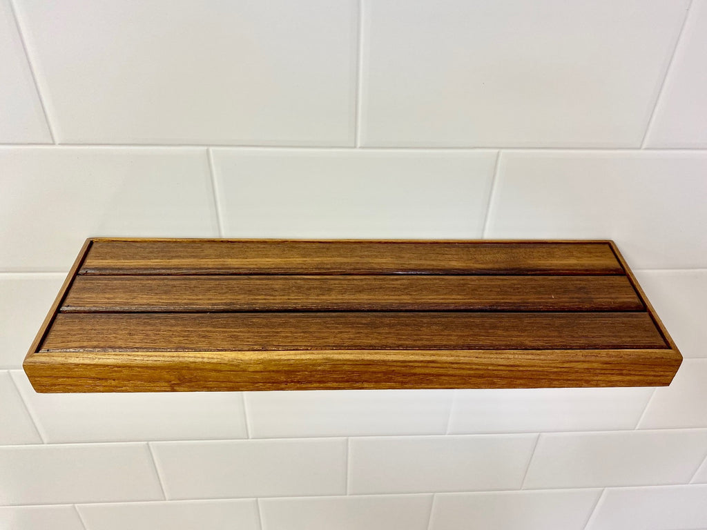 Floating Rectangular Shower Shelf with Rail and Natural Teak Wood