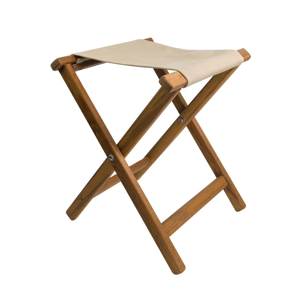 A top-of-the-line camp stool. Frame is available in Plantation or Burmes Teak and canvas seat has 3 color options.